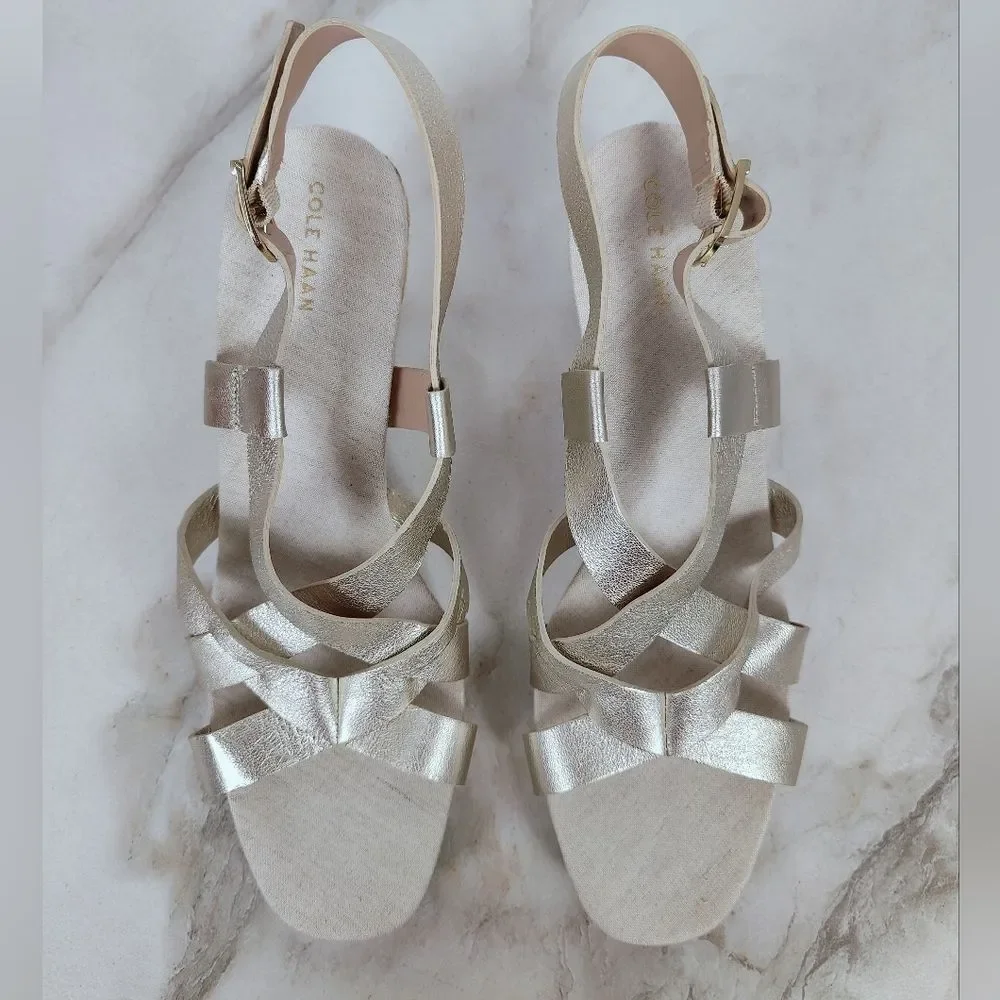 Cole Haan Crystal Wedge Metallic White Gold Leather Espadrille Sandals, Sz 10.5
